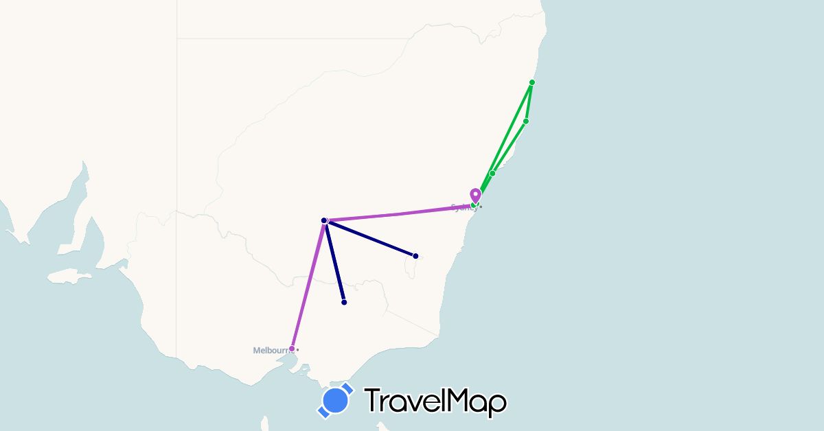 TravelMap itinerary: driving, bus, train in Australia (Oceania)